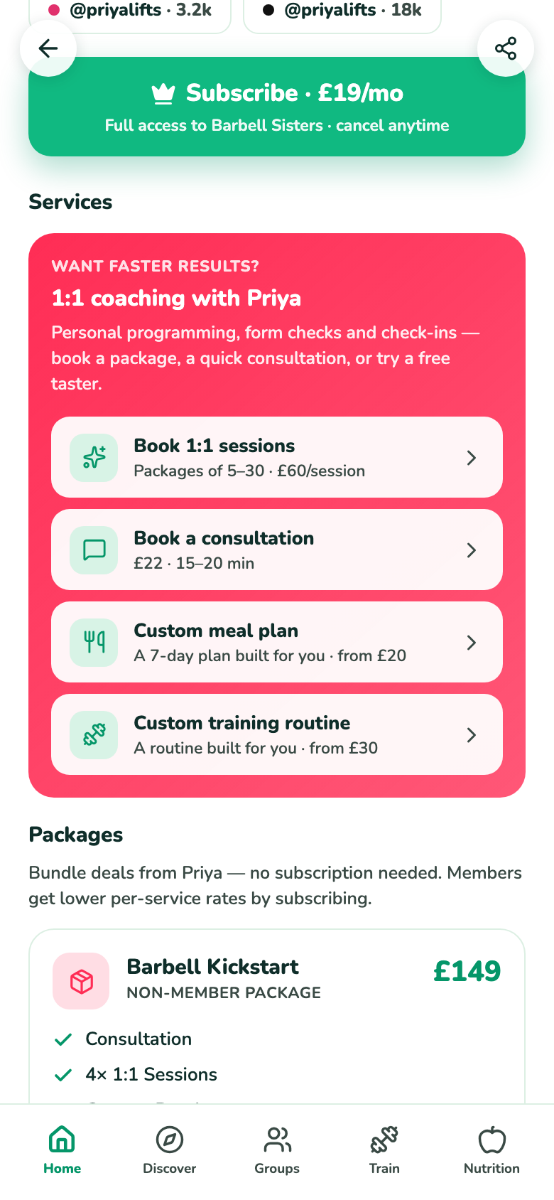 A coach's services in Moovio: subscription, 1:1 sessions, consultations, custom meal plans and training routines
