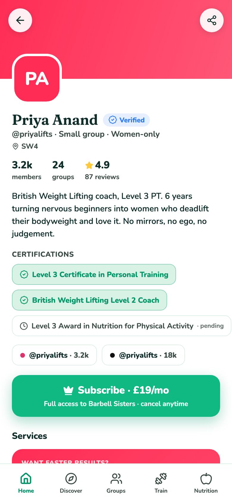A coach's profile on Moovio