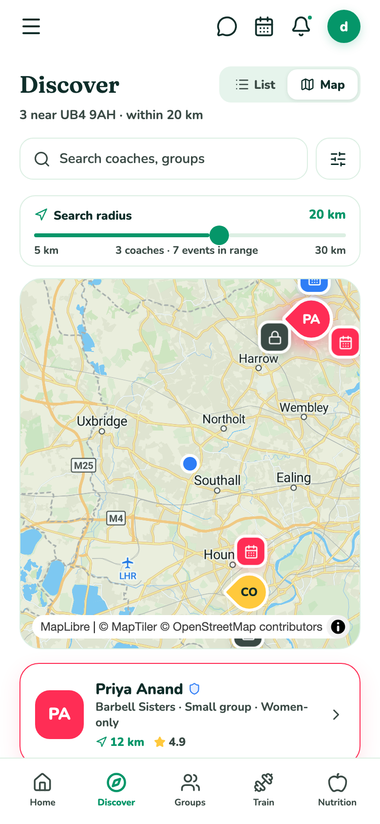 Moovio's Discover map showing nearby coaches, with Priya Anand's Barbell Sisters community selected