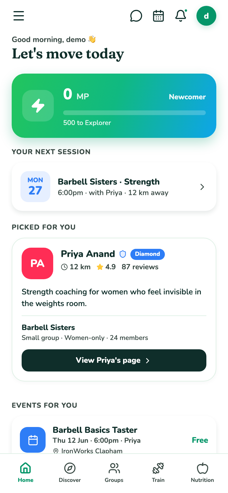 The Moovio home screen, showing points, your next session and a local coach picked for you