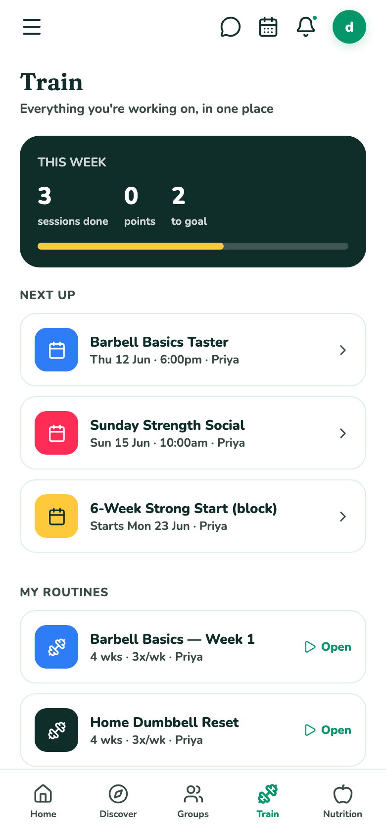 A member's training screen
